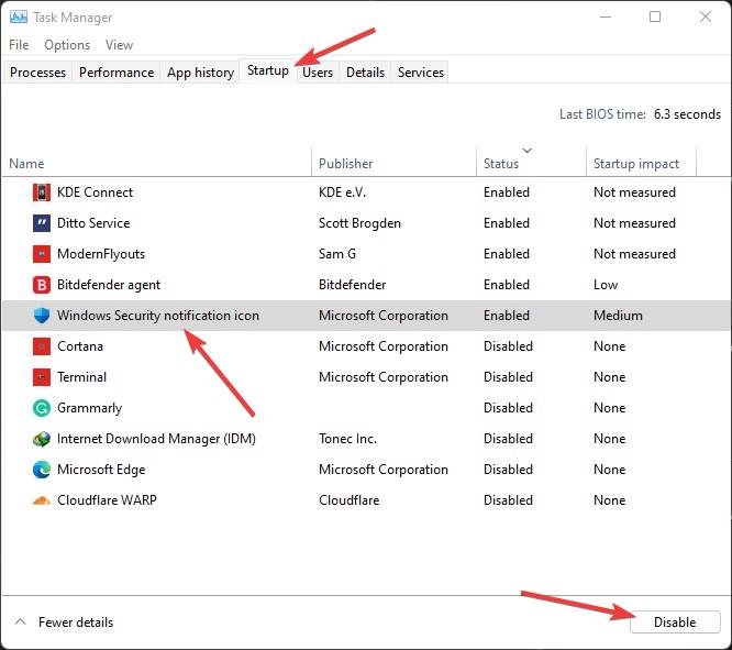 Windowsセキュリティ通知アイコンのスタートアップ項目を無効にする